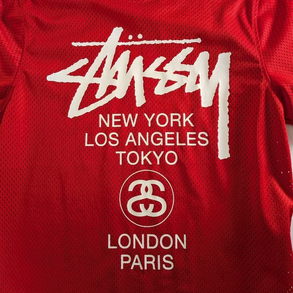 Stussy Mesh T-Shirt Men's S Red White City Logo Streetwear Jersey Tee - Picture 4 of 7
